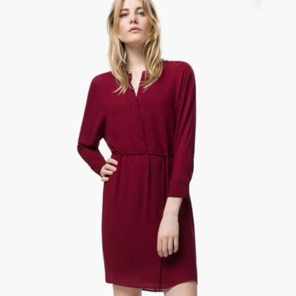 Massimo Dutti Split Neck Dress Batwing Midi Shift Wine Red L No Belt